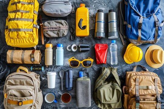 Top view of emergency items for natural disasters.