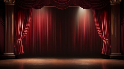 Empty theater stage, maroon red curtain, 