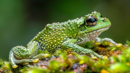 Fototapeta premium Green tree frog on a mossy log in a rainforest.
