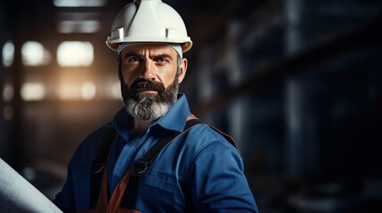 Handsome senior engineer at construction site with blueprints 