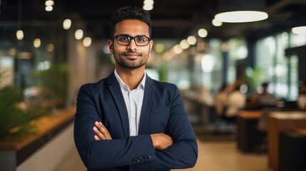 Fototapeta premium Happy Indian business professional with arms crossed in contemporary office 