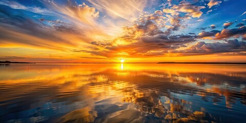 Fototapeta premium Gorgeous sunset reflecting on calm amber colored water, beautiful, sunset, reflections, water, calm, serene, tranquil, golden, nature