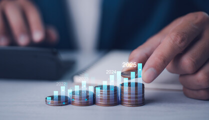 Financial growth trend concept, business strategy. Performance of profit growth on 2024 to 2025 education trend up finance on growth graph money revenue, Businessman analyzes profitability of working.