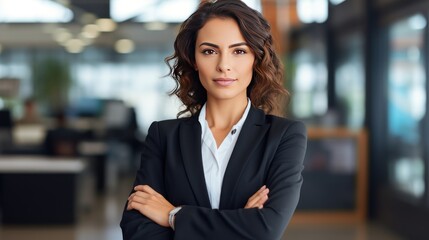 Naklejka premium Hispanic businesswoman with arms crossed standing confidently 
