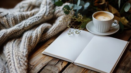 Cozy lifestyle mockup with blank catalog on wooden table and cup of coffee