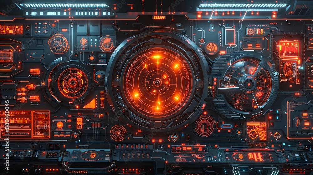 Poster futuristic interface with glowing orange lights.