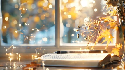 Cozy Winter Wonderland Through Frosted Window Pane with Festive Decor and Twinkling Lights