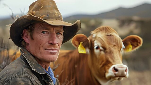 Australian cowboy and cow in the outback