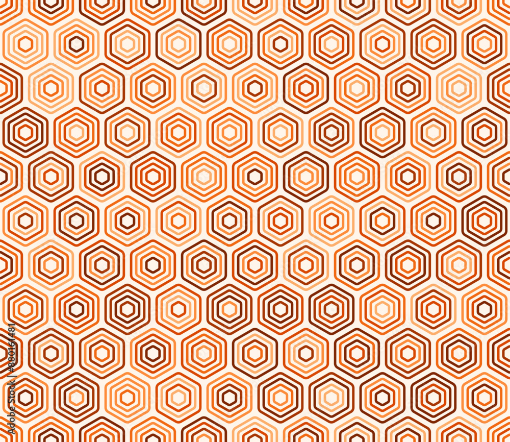 Poster vector background. bold stacked rounded hexagons mosaic cells. orange color tones. hexagonal shapes.