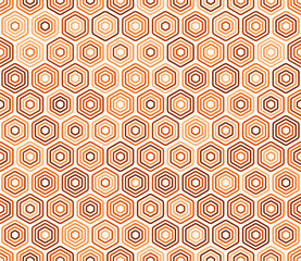 Vector background. Bold stacked rounded hexagons mosaic cells. Orange color tones. Hexagonal shapes. Tileable pattern. Seamless vector illustration.