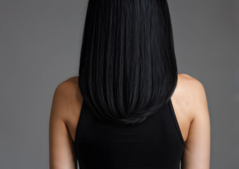 Naklejka premium A woman with long black hair is standing in front of a grey background