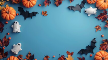 Happy Halloween Holiday Concept: Festive Decorations with Bats, Ghosts, and Pumpkins on a Blue Background