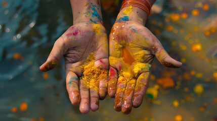 Colorful holi painted hands outdoors