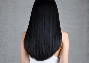 Fototapeta premium A woman with long black hair is standing in front of a wall