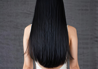 Fototapeta premium A woman with long black hair is standing in front of a wall