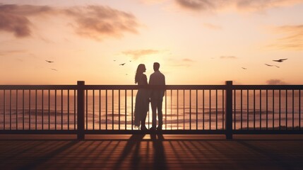 Fototapeta premium Rear view of couple on a wooden balcony 