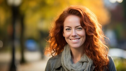 Obraz premium Red-haired mid adult woman with bright smile, 