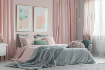 Cozy Pink Bedroom Interior with a Grey Blanket