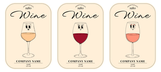 Retro wine festival label set. Groovy character white, pink, red wine glass with face. Funky alcohol design for winery, menu, party. Vintage vector illustration