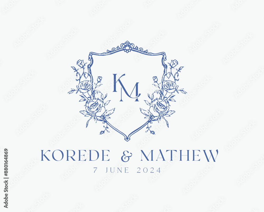 Fototapete wedding logo crests vector design royal style blue color illustration monogram crest design with km 
