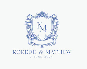Wedding logo crests vector design royal style blue color illustration monogram crest design with KM initial surrounded by baroque style intricate motifs