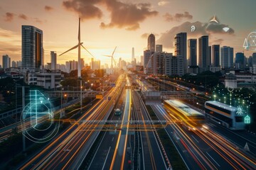 Fototapeta premium Smart City Sunset: Modern Cityscape with Technology and Sustainable Energy
