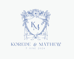 Wedding logo crests vector design royal style blue color illustration monogram crest design with KM initial surrounded by baroque style intricate motifs