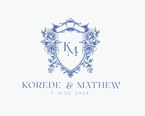 Wedding logo crests vector design royal style blue color illustration monogram crest design with KM initial surrounded by baroque style intricate motifs