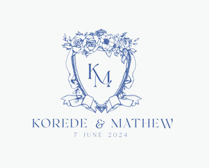 Wedding logo crests vector design royal style blue color illustration monogram crest design with KM initial surrounded by baroque style intricate motifs