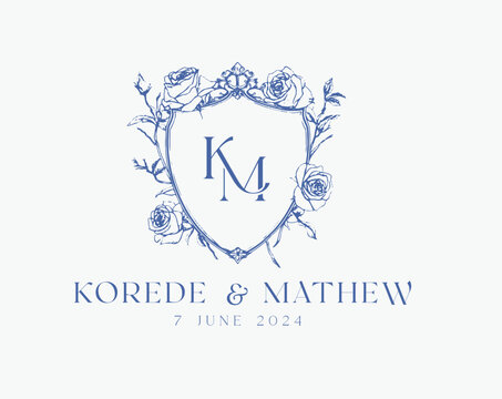 Wedding logo crests vector design royal style blue color illustration monogram crest design with KM initial surrounded by baroque style intricate motifs