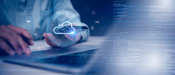 Hand holding a digital cloud hologram over a tablet. Depicts modern cloud computing, data storage, internet connectivity. Ideal for tech, IT services, innovation, and digital business concepts.