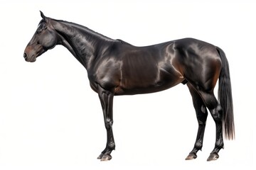 Fototapeta premium Sleek black horse, glossy coat, side profile, strong build, elegant stance, white background, athletic physique, shiny dark mane and tail