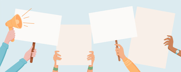 Various hands hold signs and placards during a protest. People with megaphones and blank banners demonstrate for rights and community support. Template for solidarity and strength in activism.