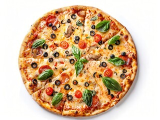 21 Classic New York-style pizza with thin crust on white background bird's-eye view