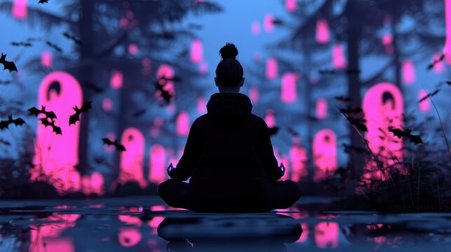 A person with a peaceful expression, whimsical style, meditating in a haunted forest with glowing ghostly figures, abstract background with soft blue and lavender hues, HDRIs, 32k Super-Resolution,