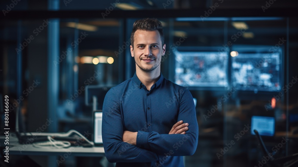 Poster smiling computer engineer in modern office