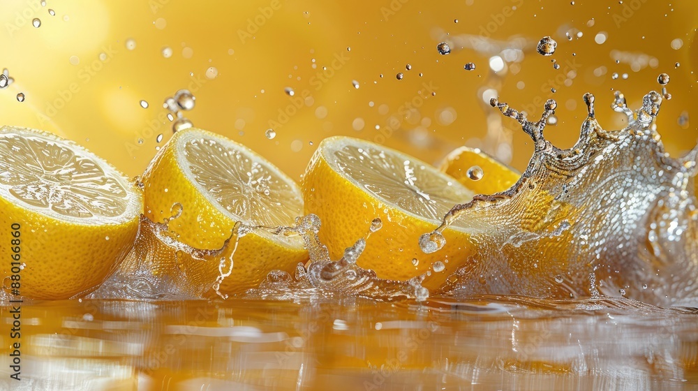 Poster lemon slices creating a dynamic swirl in water splash, isolated on a pastel yellow background, ultra