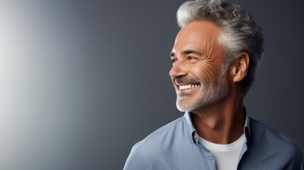 Fototapeta premium Smiling man in profile, neutral gray background, 