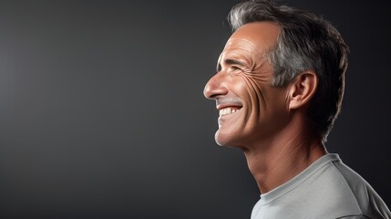 Obraz premium Smiling man in profile, neutral gray background, 