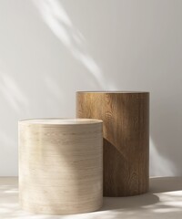 Two modern, minimal cylinder wooden pedestal table podium in dapple sunlight, shadow on white wall, beige floor for luxury organic cosmetic, skincare, body care, beauty product background 3D