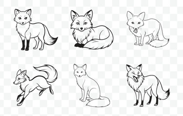 Print Comprehensive Collection of Detailed Fox Line Art Vector Set Illustrations for Artistic and Creative Design Projects