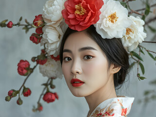 A woman wearing a flower headdress with red and white flowers
