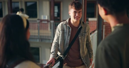 Students, teenagers and friends talk at high school for story, gossip or learning at recess. Education, happy boy or group in conversation on break at hallway for study tips, chat or listen at campus