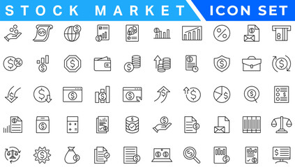 Stock market icon set. Containing stocks, stock exchange, financial goal, shares, investment, bull market, bear market and investment icons. Solid icon collection. Vector illustration