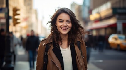 Smiling young woman standing on a busy city sidewalk 