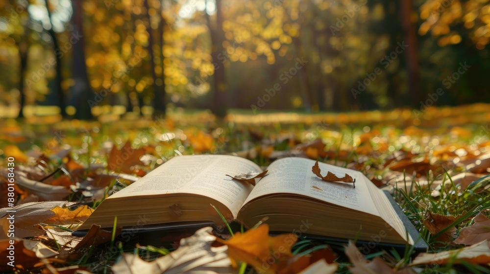 Poster opened book on autumn field with forest backdrop and empty space for inscription