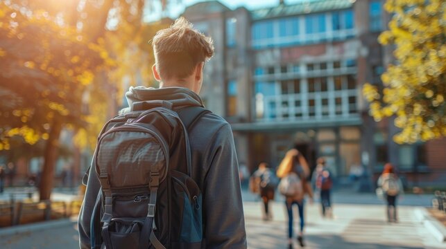 Student with backpack walking towards school building in autumn sunlight