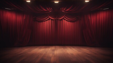 Theater stage with maroon red curtain, 