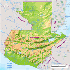 Guatemala physical map with national borders, rivers and lakes, mountains, parks, labeling