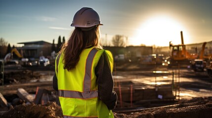 Woman engineer in reflective vest surveying construction 